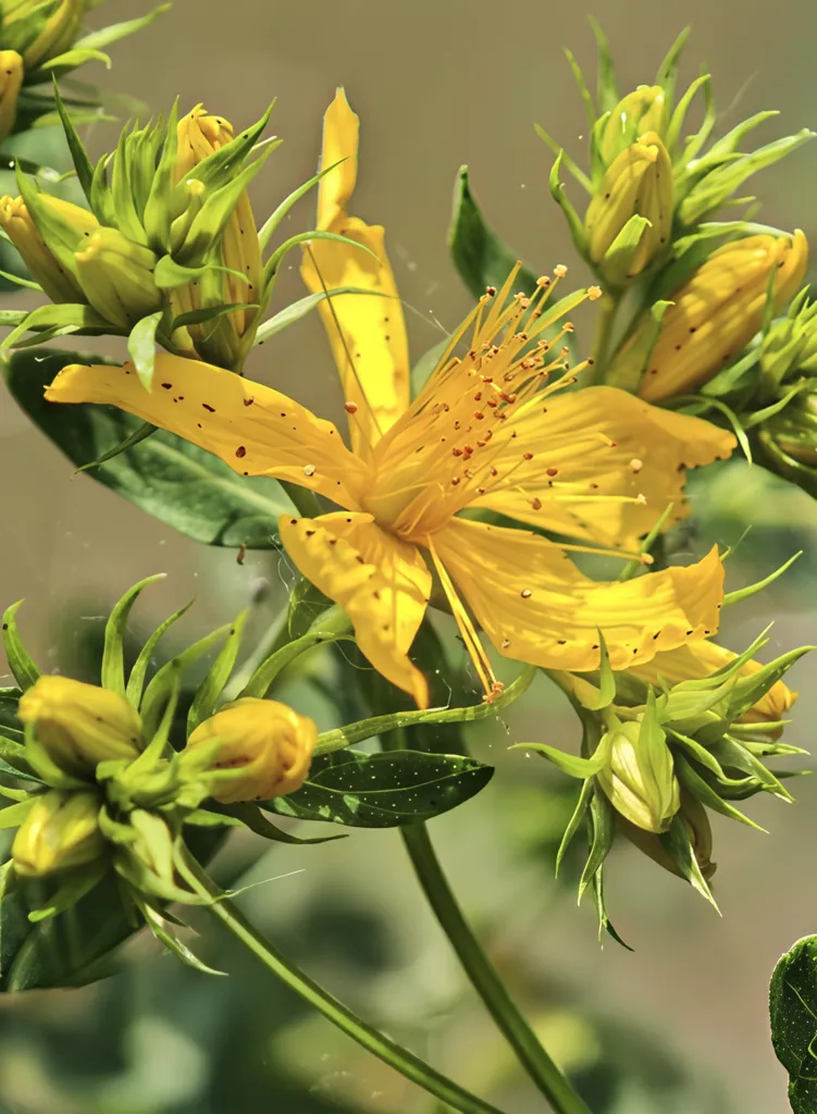 Figure 1b. Flower and buds at close range: five golden petals, the brush of stamens in three bundles, and the black marg