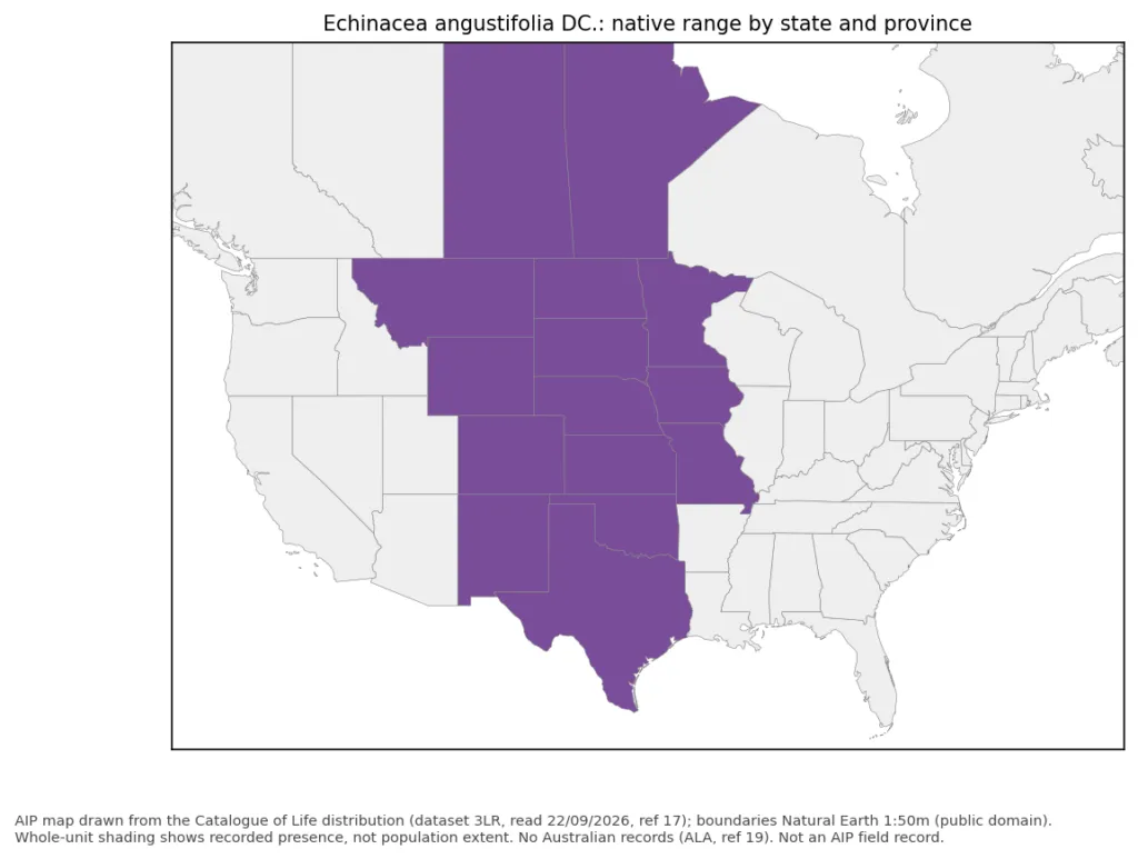 std Figure 1. Native range of Echinacea angustifolia by US state and Canadian province. AIP map drawn from the Catalogue of
