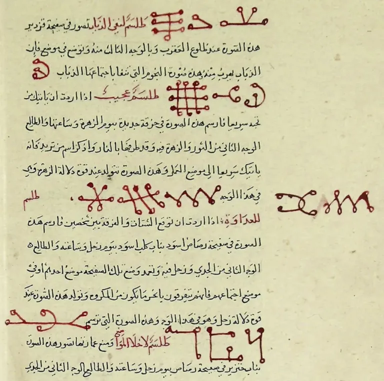 A page of a late Arabic Picatrix manuscript with talismanic signs worked into the text