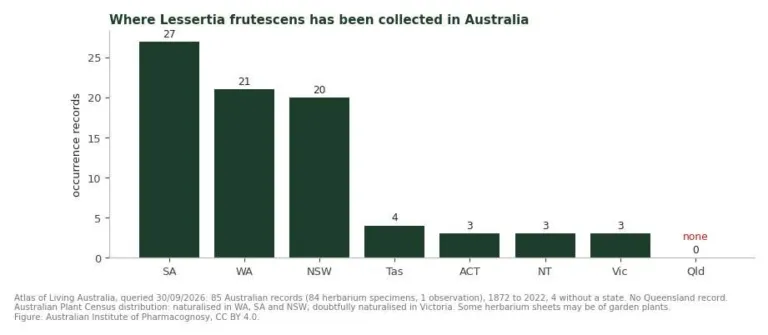 Bar chart of Australian occurrence records of Lessertia frutescens by state, with none in Queensland