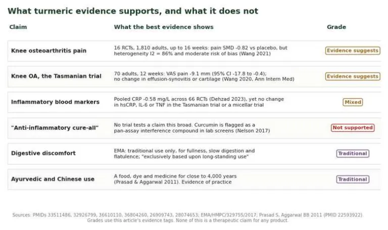 Table of Curcuma longa claims graded by best evidence, from knee osteoarthritis to cure-all claims and traditional use