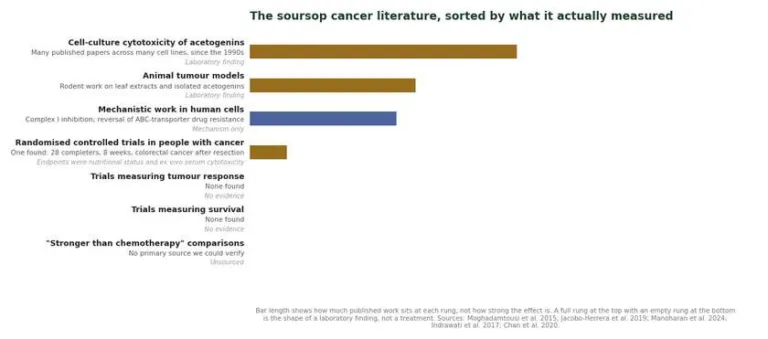 Chart showing soursop cancer literature sorted by what it measured with no trials of tumour response or survival