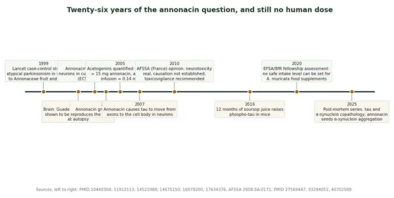 Timeline from 1999 to 2025 of the annonacin neurotoxicity evidence and regulatory reviews