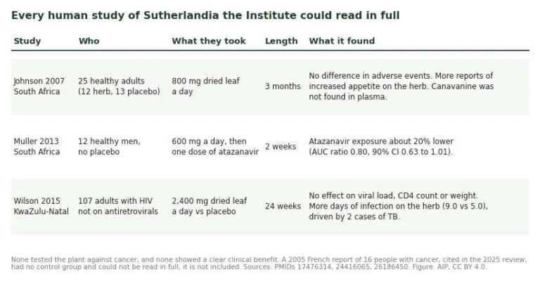 Table of the three human studies of Sutherlandia with participants, dose, duration and findings