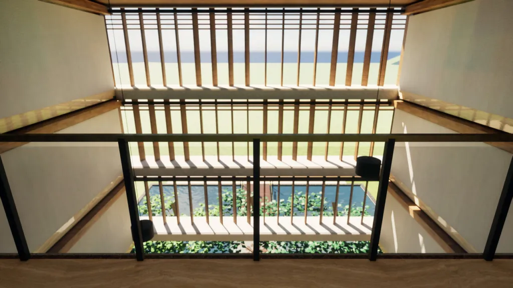 Looking down the light well at the centre of the Institute building from an upper level