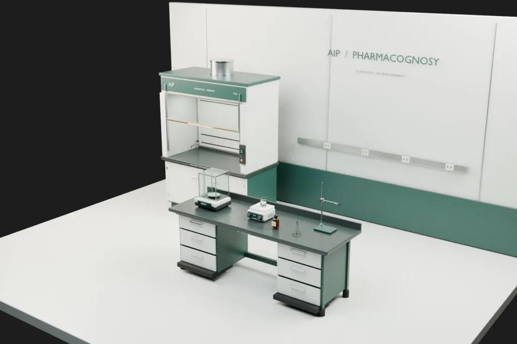 Teaching bench model with fume hood, balance, hotplate, retort stand and glassware on a white floor