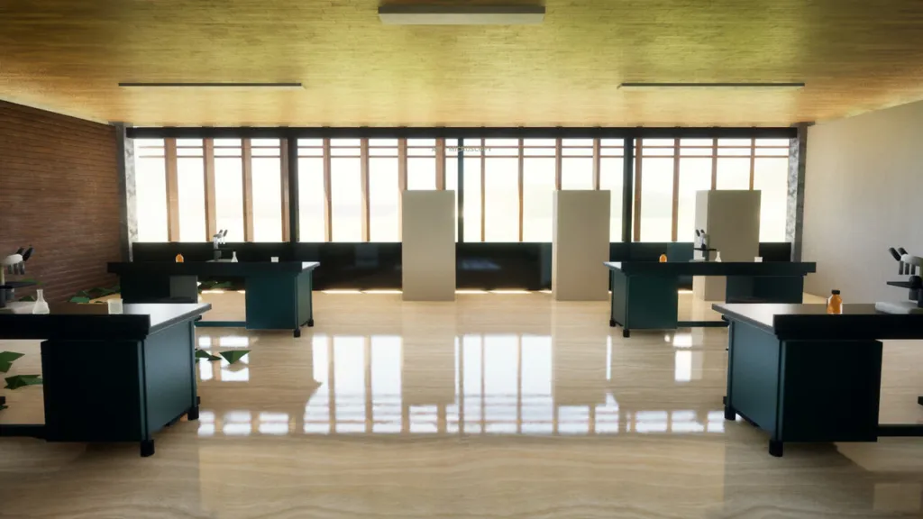 Microscopy laboratory in the campus build: dark benches, microscopes and a long glazed wall