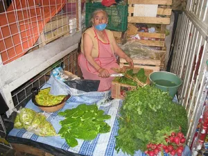 A cook at a Mexican market stall chopping green cactus pads into strips