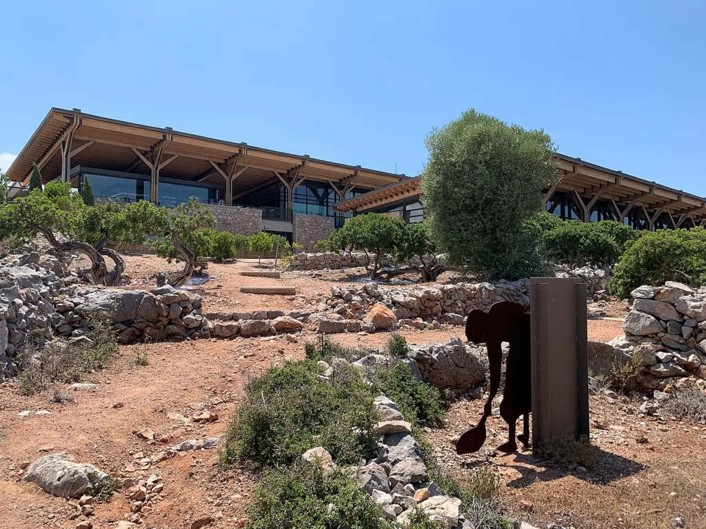 Mastic trees beside a modern building on Chios