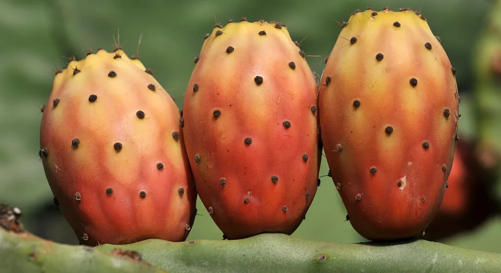 Opuntia ficus-indica, the Indian fig, carrying ripening fruit on its pads