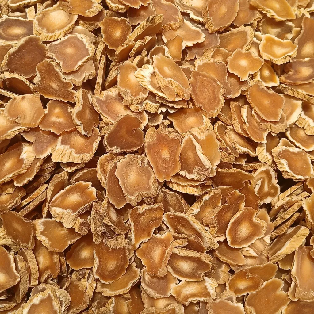 Pale cream slices of dried Panax ginseng root
