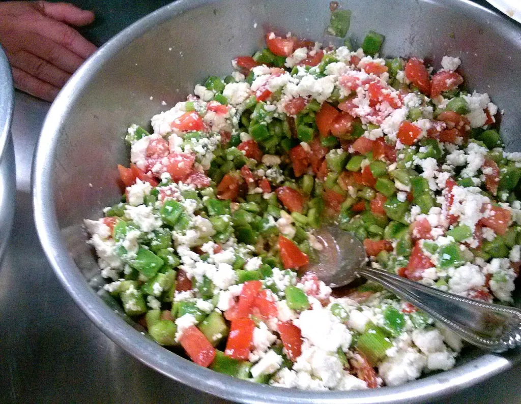 Bowl of cooked nopalitos salad made from sliced Opuntia ficus-indica pads