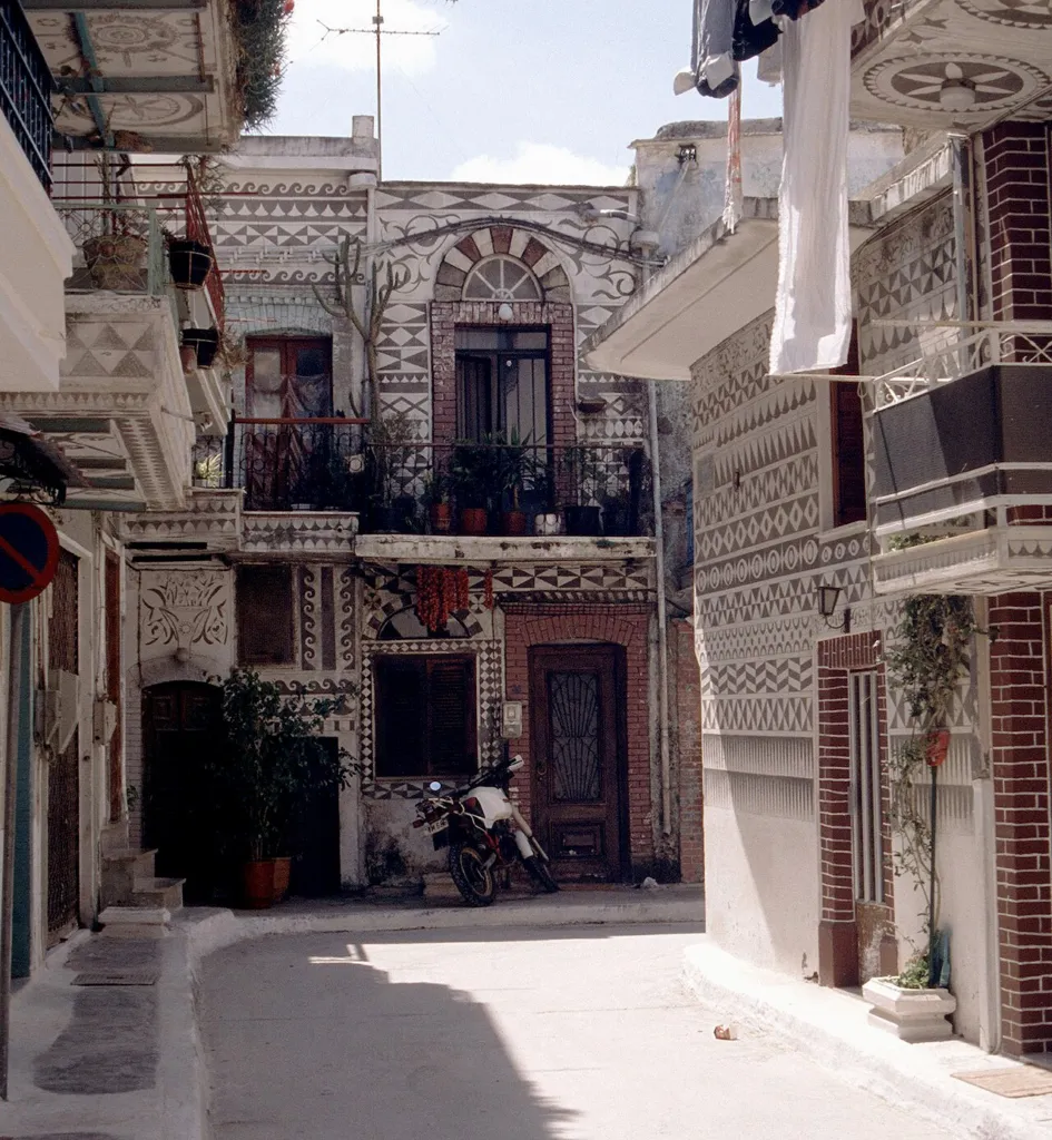 Sgraffito house fronts in Pyrgi, a mastic village on Chios