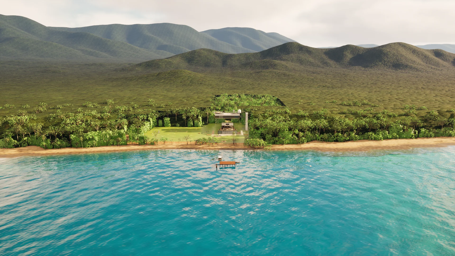 The AIP Digital Campus: the Institute on its beach, with rainforest and the Cardwell Range behind