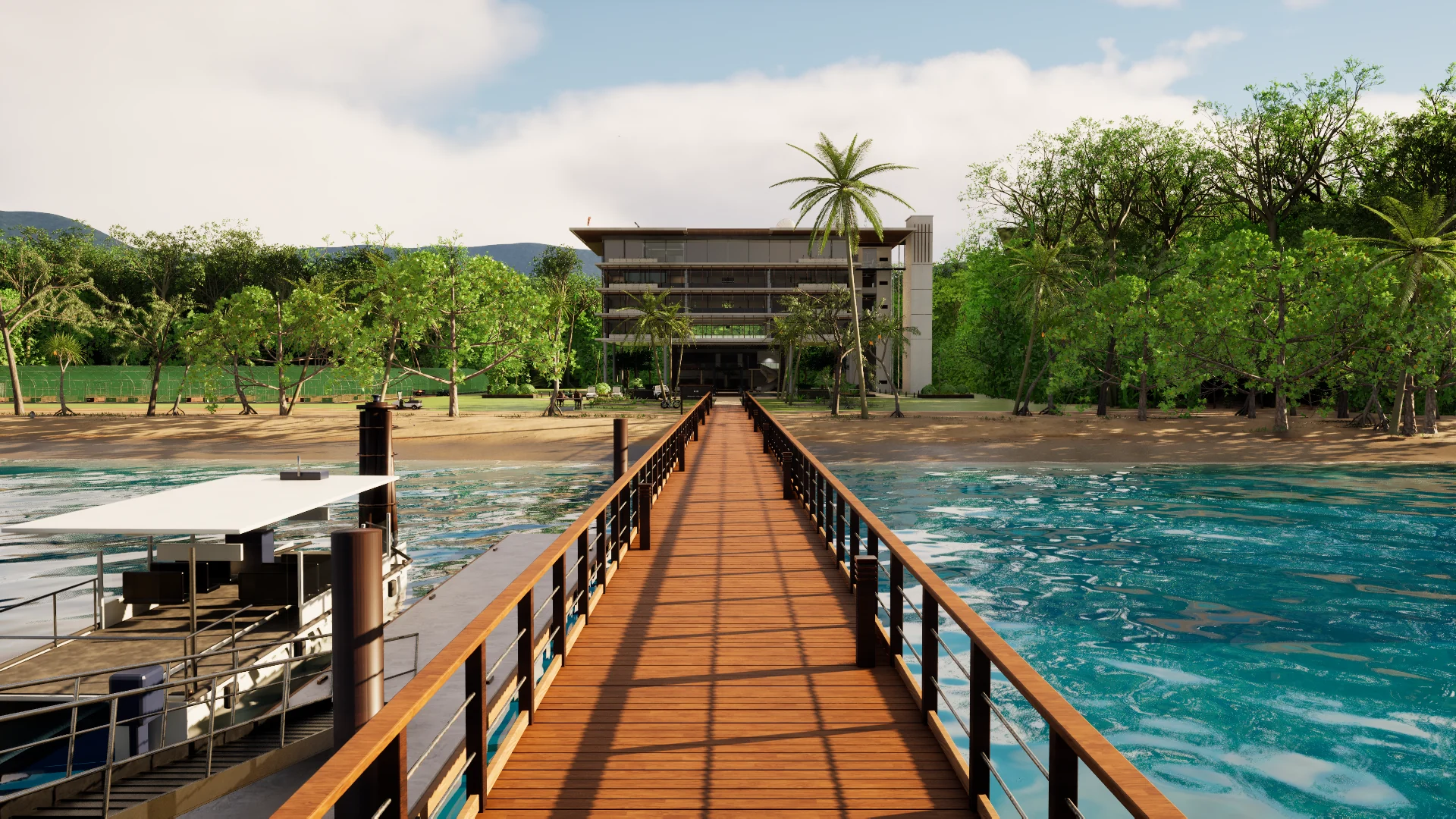 The AIP Digital Campus: a timber jetty runs up the beach to the Institute at golden hour
