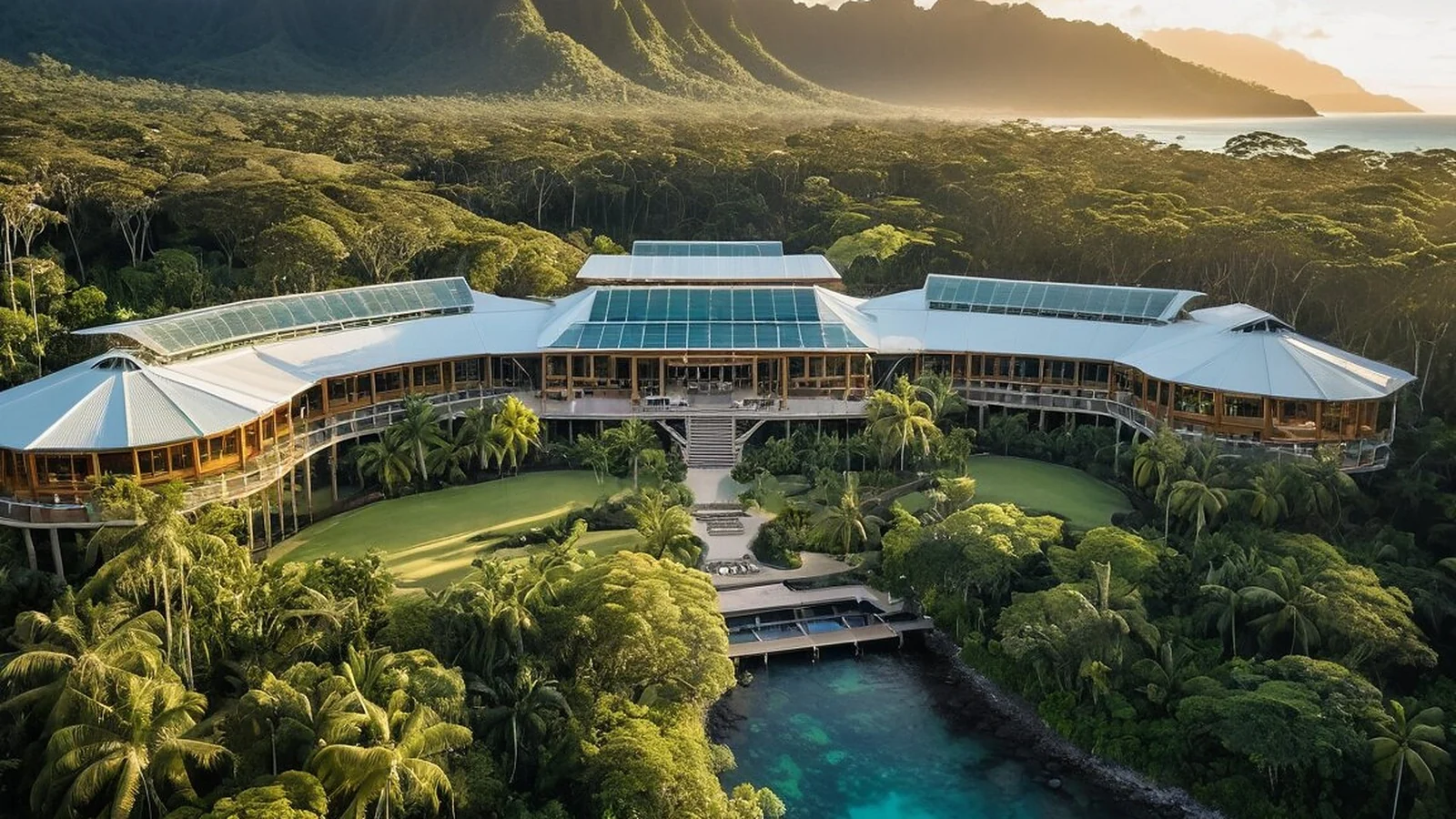 The AIP Digital Campus from the air, the Institute building in rainforest above a lagoon