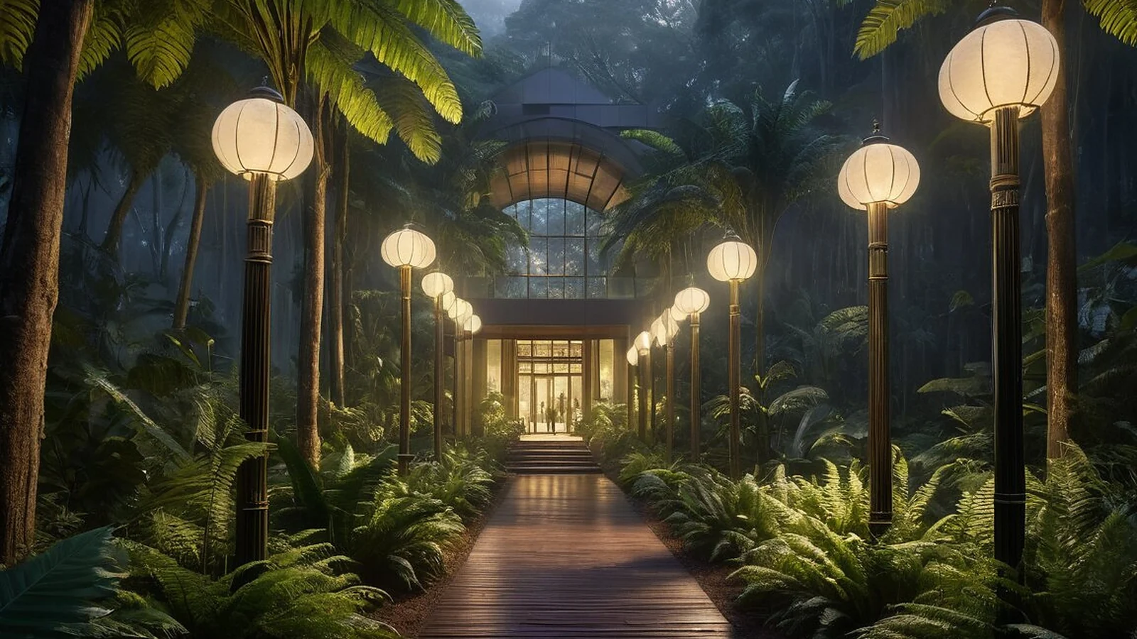The Institute building entrance, with timber screens, trees and a reflecting pool