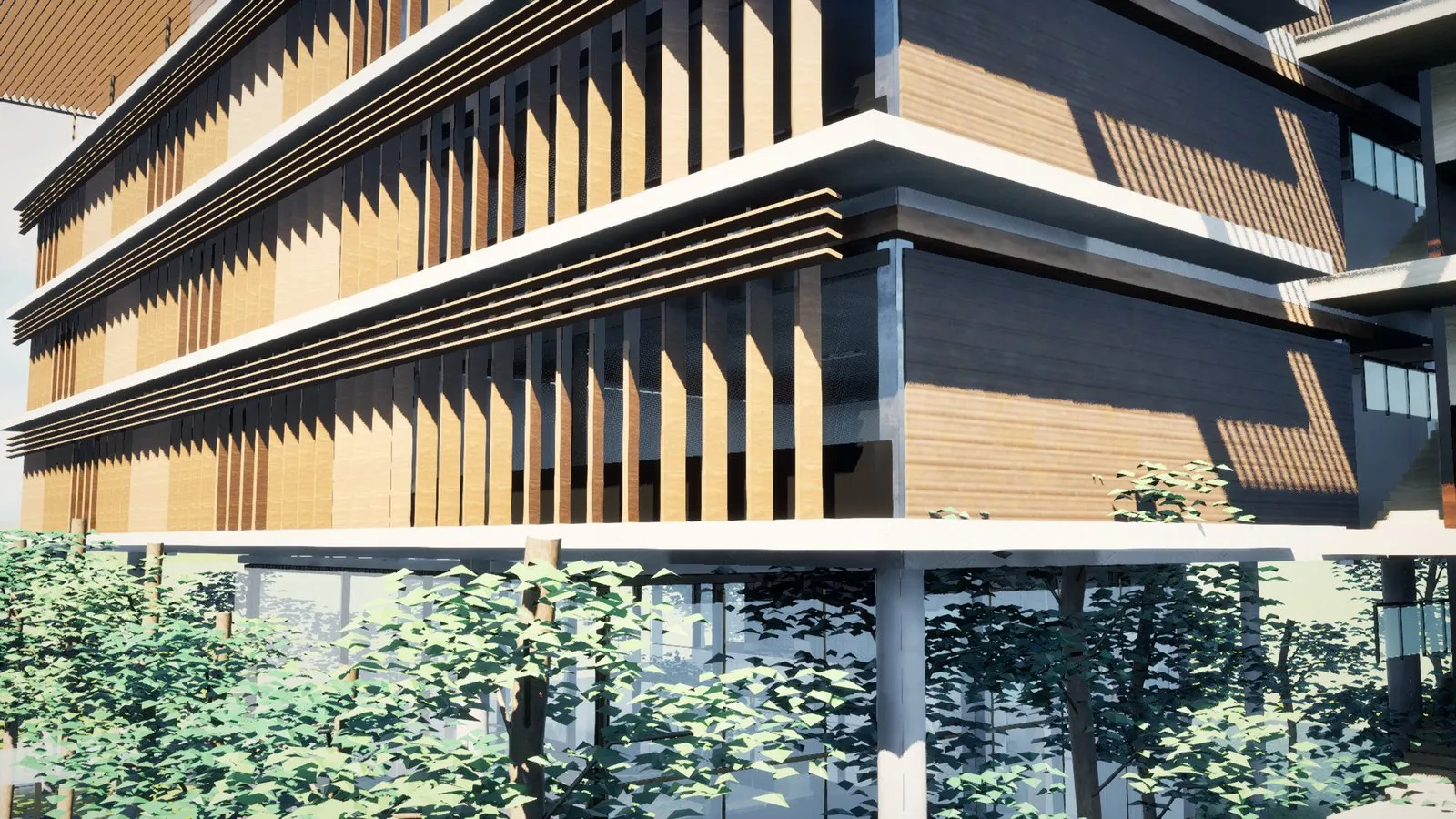 The Institute facade, with timber fins over tropical planting
