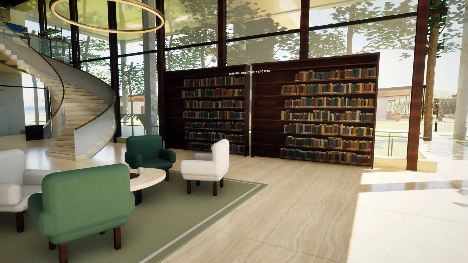 The library reading salon, with armchairs, a spiral stair and research shelving