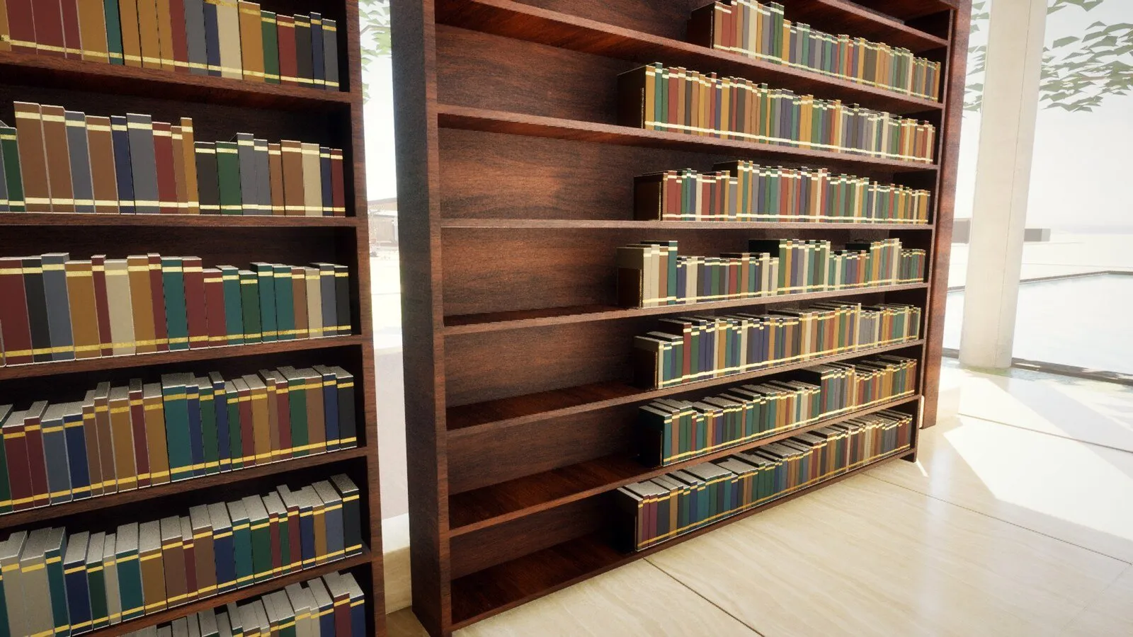 Library shelving filled with bound volumes