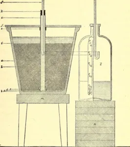 Engraving of a large stoneware pot percolator with a central well tube and siphon into a bottle