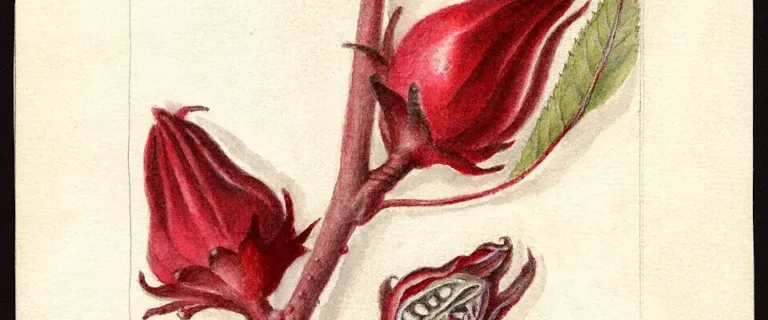 Watercolour of red Hibiscus sabdariffa calyces, Victor variety