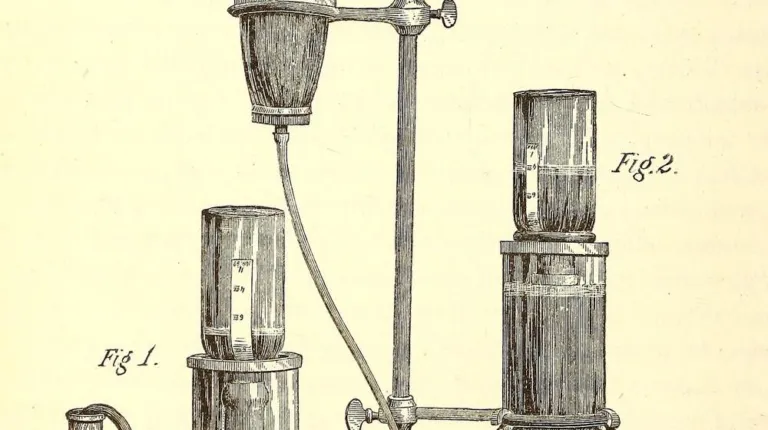 Old engraving of glass percolators on a stand, liquid dripping from one into a tall jar below