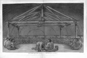 Eighteenth-century engraving of a Tongan king and attendants drinking kava in a large open house