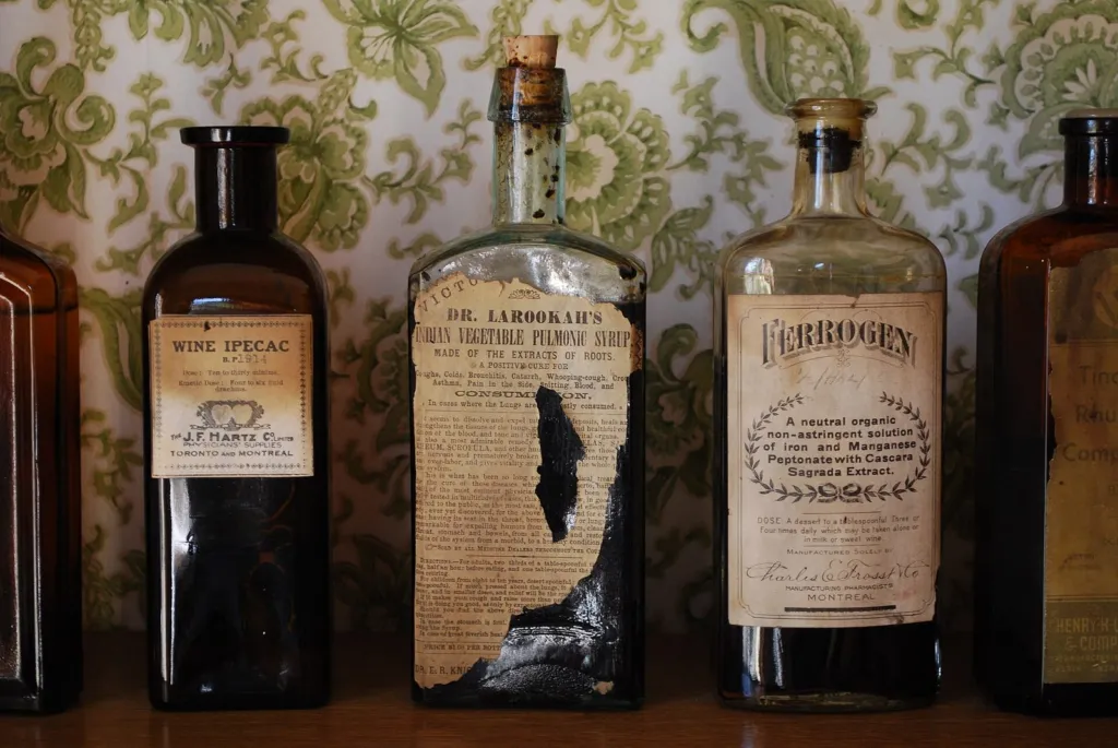 Glass apothecary bottle from a historic dispensary