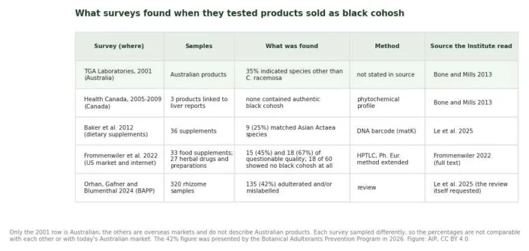 Table of five surveys of products sold as black cohosh, from TGA testing in 2001 to the 2024 BAPP review, with sample sizes and findings