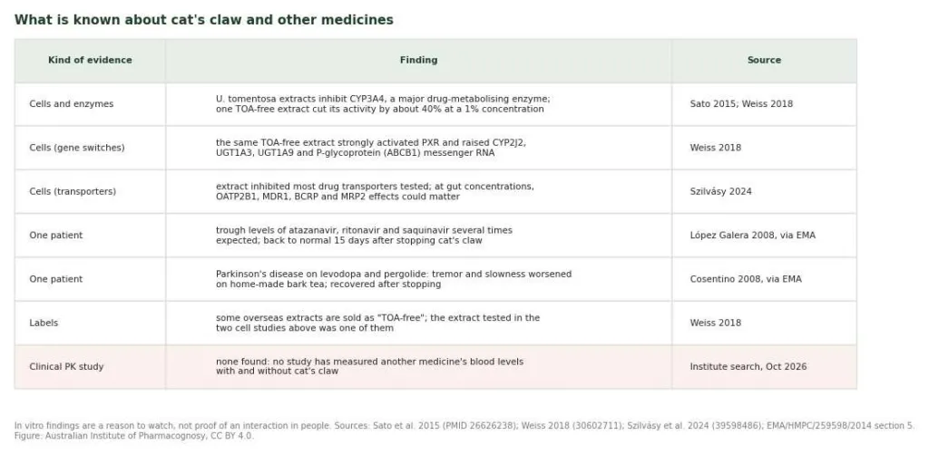Table of evidence on cat's claw interactions with other medicines, from cell studies to single case reports