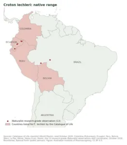 Map of South America with Colombia, Ecuador, Peru and Bolivia shaded as the native range of Croton lechleri and iNaturalist observations plotted