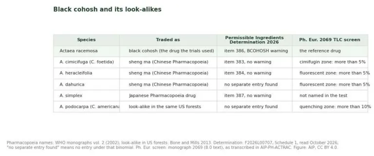 Table of black cohosh and five look-alike Actaea species with their Australian permitted status and pharmacopoeial test