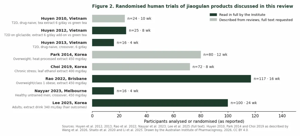 Bar chart of eight randomised jiaogulan trials by number of participants and duration in weeks