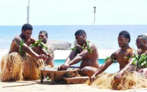 Fijian men in traditional dress preparing Piper methysticum kava in a wooden tanoa bowl on a beach