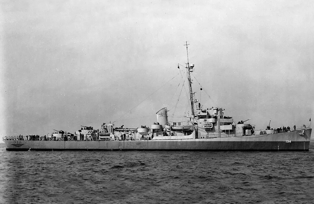 The destroyer escort USS Pope DE-134 under way off the New York Naval Shipyard, black and white photograph, May 1944