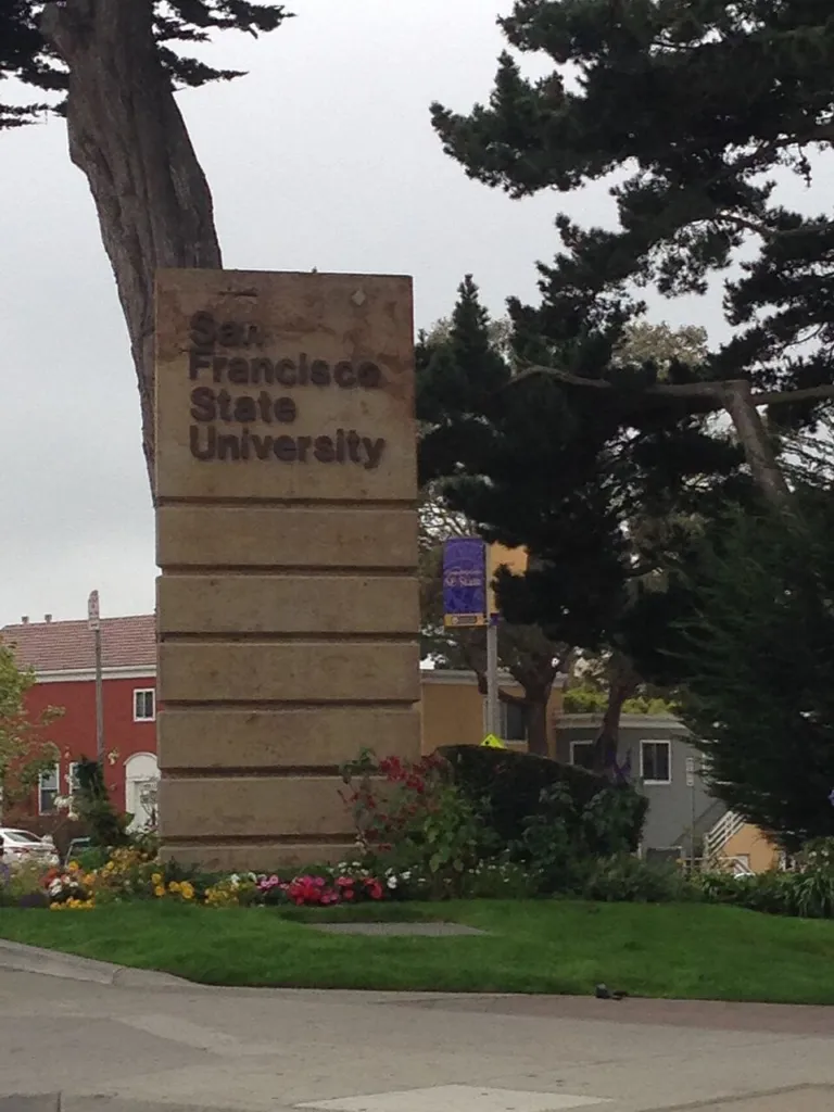 Stone entrance sign of San Francisco State University among trees and flower beds