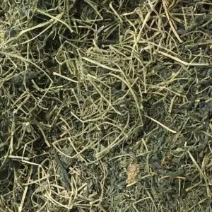 Loose dried cut jiaogulan herb, mixed stems and leaves, in a pile