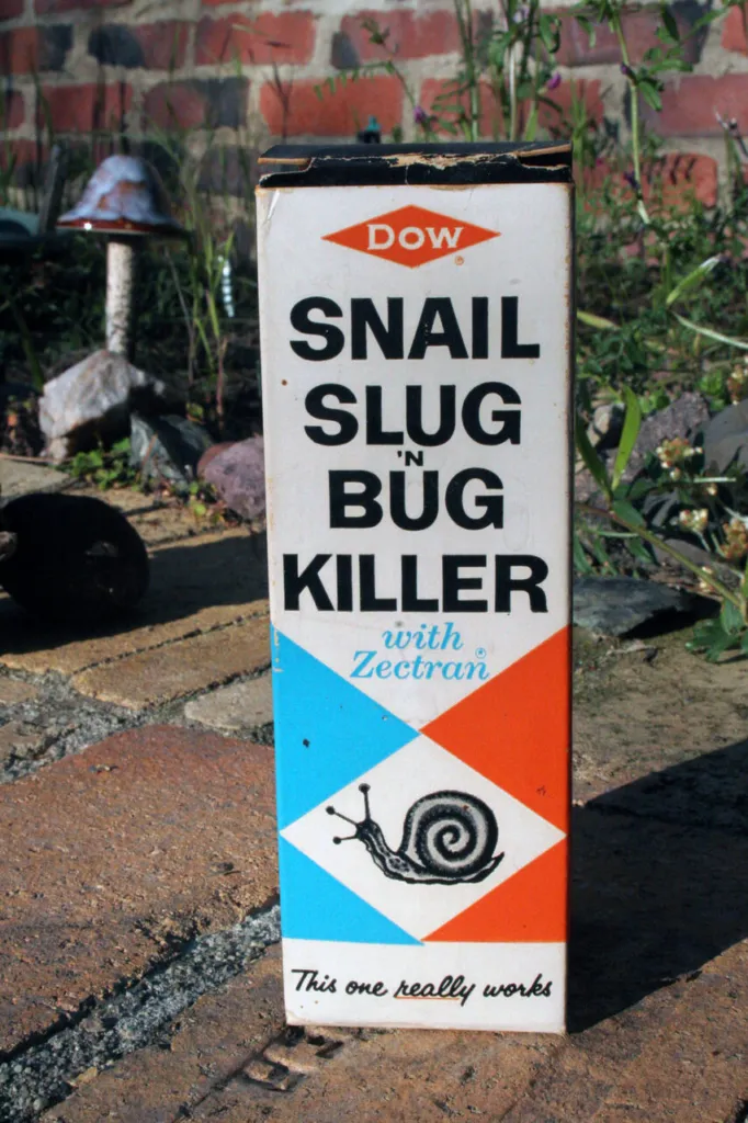 Vintage Dow Snail Slug n Bug Killer box with Zectran, photographed at the Farm in 2009